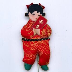 Vintage Oriental Lunar New Year Girl Red Envelope Silk Flat Figure Floral Pick
